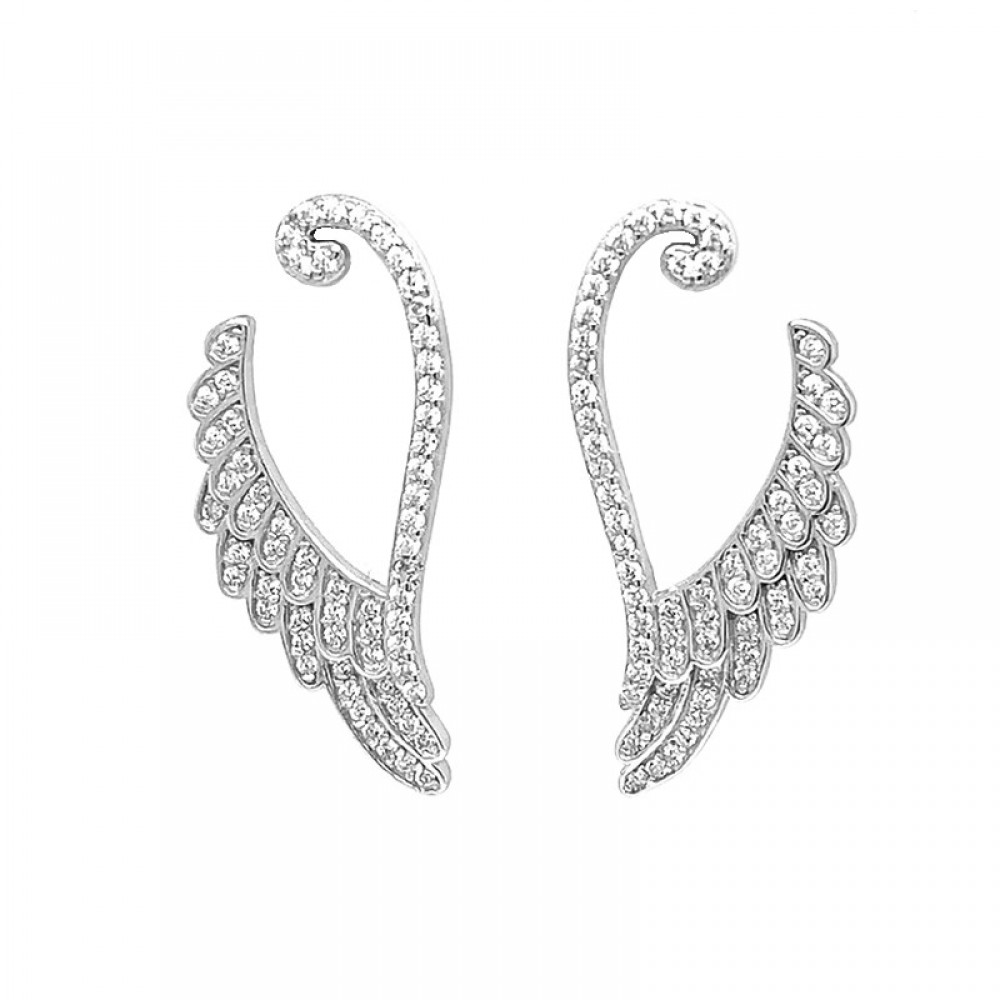 Ασημένια σκουλαρίκια με σχήμα φτερά διακοσμημένα με πέτρες ζιργκόν Ασημένια σκουλαρίκια με σχήμα φτερά διακοσμημένα με πέτρες ζιργκόν