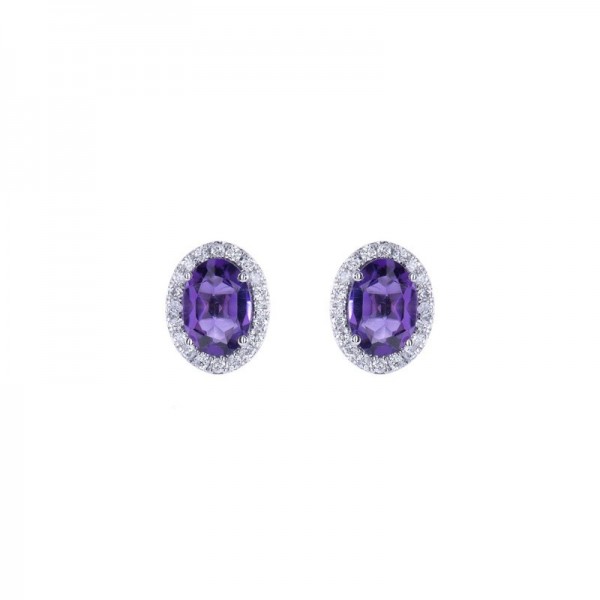 Ασημένια κουμπωτά σκουλαρίκια ροζέτες με πέτρα αμέθυστου