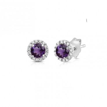 Ασημένια κουμπωτά σκουλαρίκια ροζέτες με πέτρα αμέθυστου Ασημένια κουμπωτά σκουλαρίκια ροζέτες με πέτρα αμέθυστου