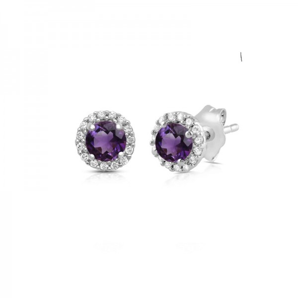Ασημένια κουμπωτά σκουλαρίκια ροζέτες με πέτρα αμέθυστου