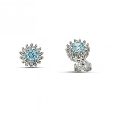 Ασημένια κουμπωτά σκουλαρίκια ροζέτες με πέτρα Aqua-marine