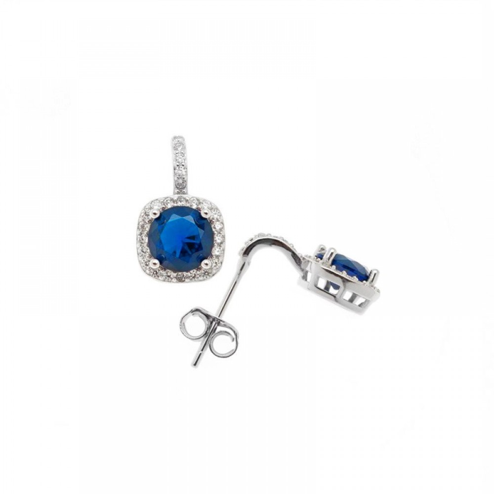 Ασημένια κουμπωτά σκουλαρίκια τετράγωνη ροζέτα με μπλε πέτρα Ασημένια κουμπωτά σκουλαρίκια τετράγωνη ροζέτα με μπλε πέτρα