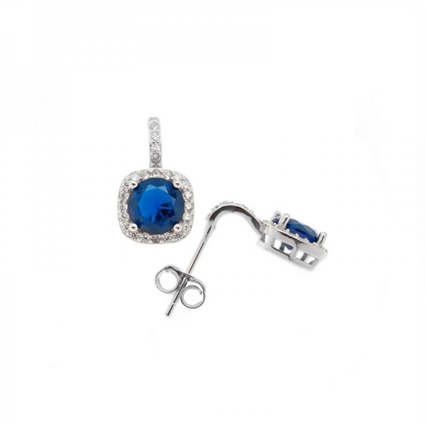 Ασημένια κουμπωτά σκουλαρίκια τετράγωνη ροζέτα με μπλε πέτρα 