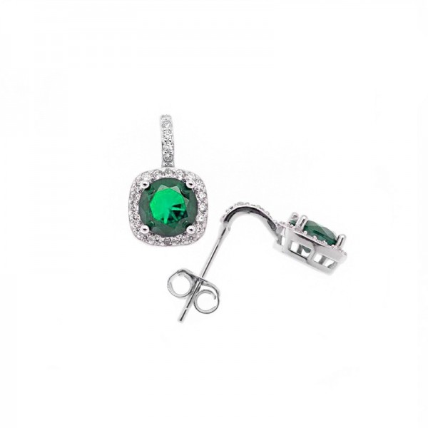 Ασημένια κουμπωτά σκουλαρίκια τετράγωνη ροζέτα με πράσινη πέτρα