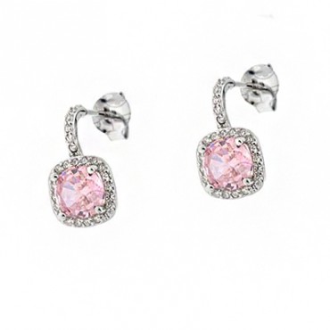 Ασημένια κουμπωτά σκουλαρίκια τετράγωνη ροζέτα με ροζ πέτρα