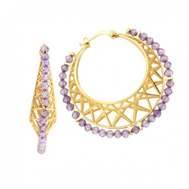 Ασημένιοι και επιχρυσωμένοι κρίκοι μεσαίου μεγέθους με ακτινωτό σχήμα και πέτρες αμέθυστος 