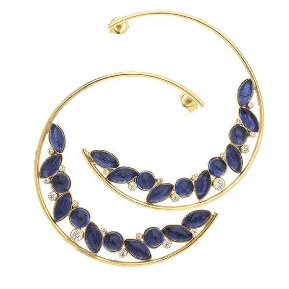 Ασημένιοι και επιχρυσωμένοι μεγάλοι κρίκοι με μπλε κρύσταλλα Ασημένιοι και επιχρυσωμένοι μεγάλοι κρίκοι με μπλε κρύσταλλα