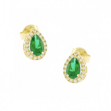 Ασημένια και επιχρυσωμένα κουμπωτά σκουλαρίκια σε σχήμα σταγόνας με πράσινη πέτρα ζιργκόν