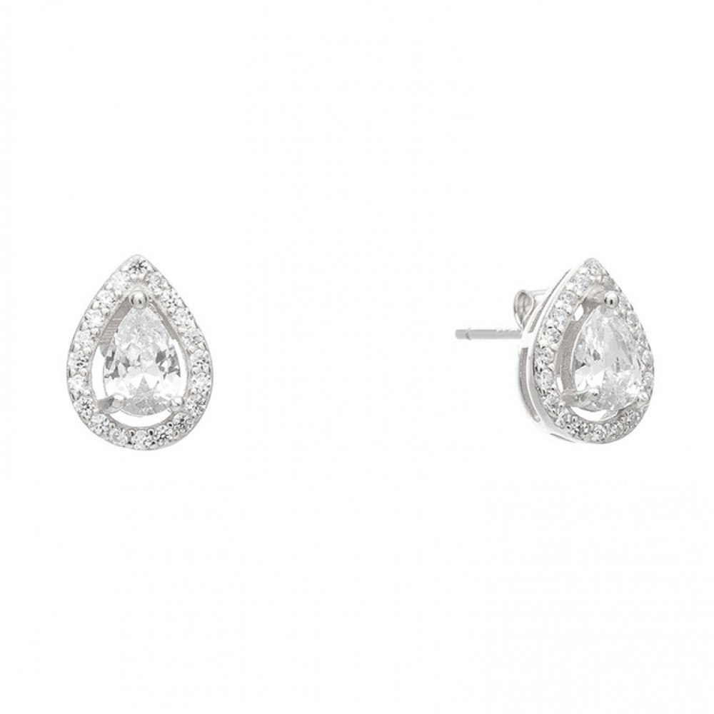 Ασημένια κουμπωτά σκουλαρίκια ροζέτες με σχήμα σταγόνας και λευκές πέτρες ζιργκόν Ασημένια κουμπωτά σκουλαρίκια ροζέτες με σχήμα σταγόνας και λευκές πέτρες ζιργκόν