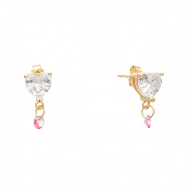 Ασημένια επίχρυσα σκουλαρίκια κουμπωτά με σχήμα καρδιάς