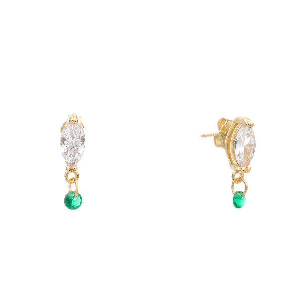 Ασημένια επίχρυσα κουμπωτά σκουλαρίκια με κρεμαστή πράσινη πέτρα