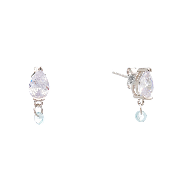 Ασημένια κουμπωτά σκουλαρίκια με σχήμα σταγόνας και κρεμαστή μικρή πέτρα aqua marine