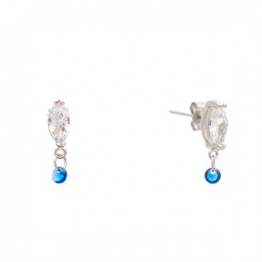 Ασημένια κουμπωτά σκουλαρίκια με μικρή κρεμαστή μπλε πέτρα Ασημένια κουμπωτά σκουλαρίκια με μικρή κρεμαστή μπλε πέτρα