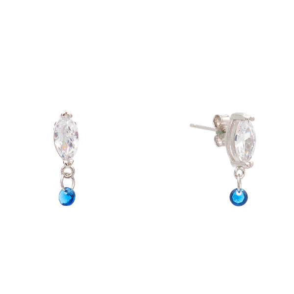 Ασημένια κουμπωτά σκουλαρίκια με μικρή κρεμαστή μπλε πέτρα 