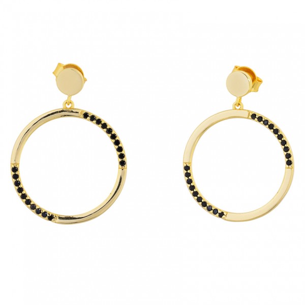 Ασημένια επίχρυσα σκουλαρίκια κρεμαστοί κρίκοι με μαύρα ζιργκόν 