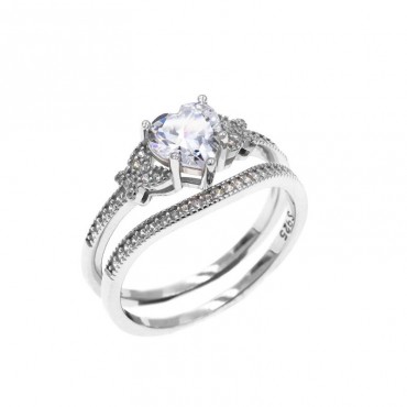 Ασημένιο διπλό δαχτυλίδι με μονόπετρο-καρδιά και βεράκι 