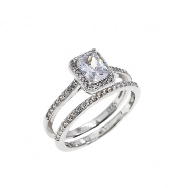 Ασημένιο διπλό δαχτυλίδι (μονόπετρο - μισόβερο) με λευκές πέτρες ζιργκόν