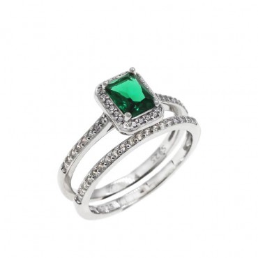 Ασημένιο διπλό δαχτυλίδι (μονόπετρο και μισόβερο) με πράσινη πέτρα 