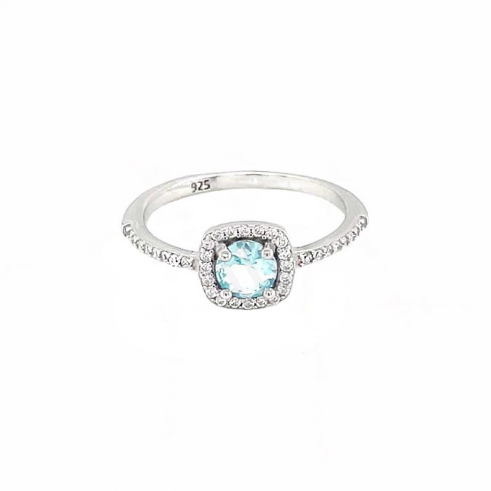 Ασημένιο δαχτυλίδι - ροζέτα με πέτρα aqua-marine και λευκές πέτρες ζιργκόν περιμετρικά Ασημένιο δαχτυλίδι - ροζέτα με πέτρα aqua-marine και λευκές πέτρες ζιργκόν περιμετρικά