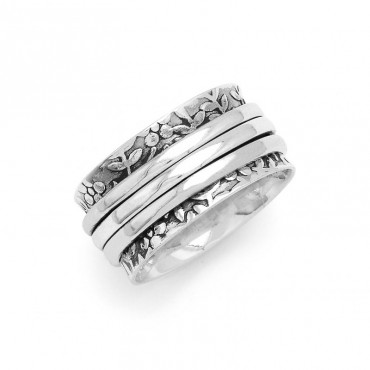 Ασημένιο δαχτυλίδι με σκάλισμα και περιστρεφόμενες βέρες "spinner" 