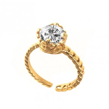 Ασημένιο με επιχρύσωση 24Κ δαχτυλίδι μονόπετρο με σχήμα στέμμα 