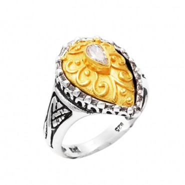 Ασημένιο βυζαντινό δαχτυλίδι χειροποίητο με σχήμα σταγόνας και πέτρα ζιργκόν