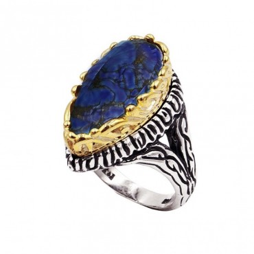 Ασημένιο χειροποίητο δαχτυλίδι με επίχρυσες λεπτομέρειες και πέτρα λάπις 