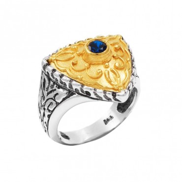 Ασημένιο δίχρωμο βυζαντινό δαχτυλίδι με μπλε πέτρα 