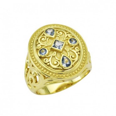 Ασημένιο επίχρυσο βυζαντινό δαχτυλίδι με πέτρες aqua-marine