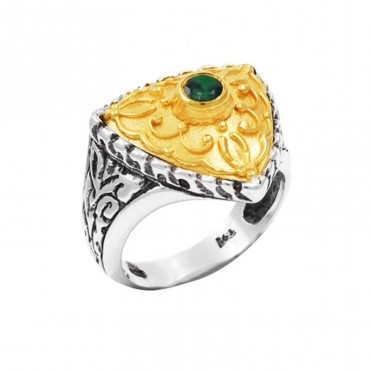 Ασημένιο δίχρωμο βυζαντινό δαχτυλίδι με πράσινη πέτρα