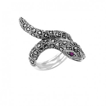 Ασημένιο δαχτυλίδι με σχήμα φιδιού και πέτρες μαρκασίτη