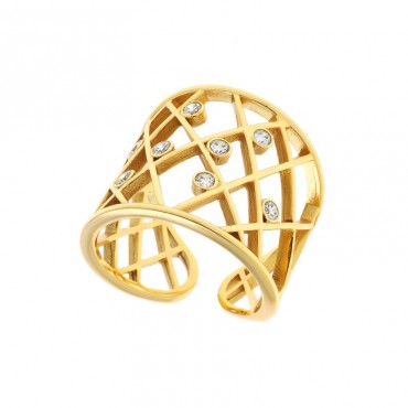 Ασημένιο και επιχρυσωμένο χειροποίητο δαχτυλίδι με λευκές πέτρες ζιργκόν 