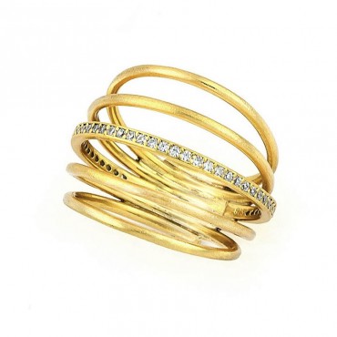 Ασημένιο και επιχρυσωμένο χειροποίητο δαχτυλίδι με λευκές πέτρες ζιργκόν