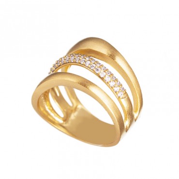 Ασημένιο και επιχρυσωμένο δαχτυλίδι με σαγρέ φινίρισμα και λευκές πέτρες ζιργκόν Ασημένιο και επιχρυσωμένο δαχτυλίδι με σαγρέ φινίρισμα και λευκές πέτρες ζιργκόν