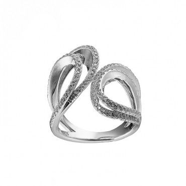 Ασημένιο δαχτυλίδι με διπλό σχήμα και πέτρες ζιργκόν