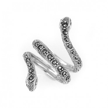 Ασημένιο δαχτυλίδι φίδι με δύο κεφάλια και πέτρες μαρκασίτη