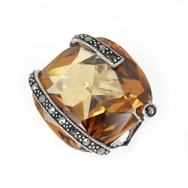 Ασημένιο δαχτυλίδι με μεγάλη πέτρα σιτρίν και πέτρες μαρκασίτη