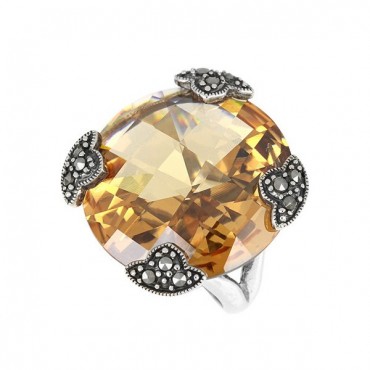 Ασημένιο δαχτυλίδι με μεγάλη πέτρα σιτρίν-ζιργκόν και μικρές πέτρες μαρκασίτη