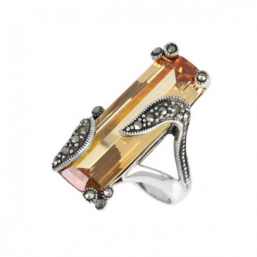 Ασημένιο δαχτυλίδι με ορθογώνια πέτρα σιτρίν και μικρές πέτρες μαρκασίτη