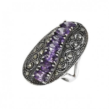 Ασημένιο μεγάλο δαχτυλίδι με πέτρες μαρκασίτη και αμέθυστο