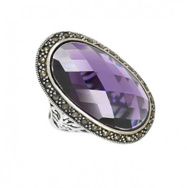 Ασημένιο μεγάλο δαχτυλίδι με πέτρα αμέθυστος και μικρές πέτρες μαρκασίτη