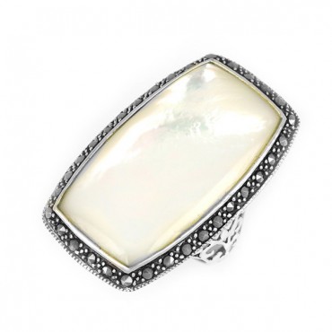 Ασημένιο εντυπωσιακό δαχτυλίδι με πέτρες μαρκασίτη και φίλντισι