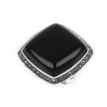 Ασημένιο δαχτυλίδι με μεγάλη πέτρα όνυχα και μικρές πέτρες μαρκασίτη