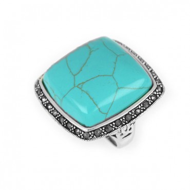 Ασημένιο δαχτυλίδι με μεγάλη πέτρα τιρκουάζ και μικρές πέτρες μαρκασίτη