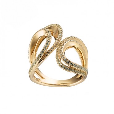 Ασημένιο επίχρυσο δαχτυλίδι με διπλό σχήμα και πέτρες ζιργκόν