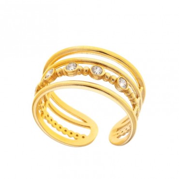 Ασημένιο επίχρυσο δαχτυλίδι με τέσσερα λεπτά βεράκια και πέτρες ζιργκόν