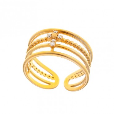 Ασημένιο επίχρυσο δαχτυλίδι με τέσσερα λεπτά βεράκια και σταυρό 